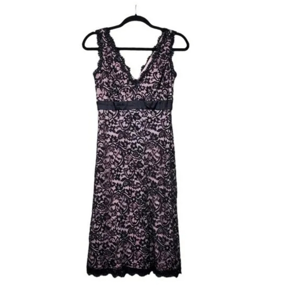 Tadashi black lace over pink silk v neck A line high waist dress size 6 - Picture 2 of 6